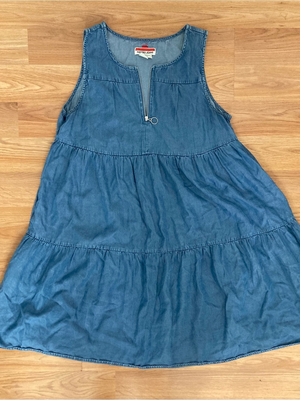 Castro Jeans Sleeveless Blue Denim-Look Tiered Mini Dress Babydoll